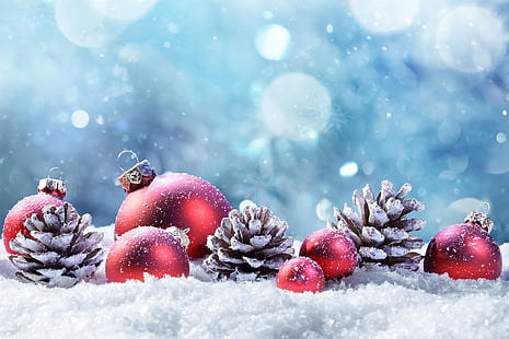 vinter, snö, dekoration, bollar, träd, nyår, jul, lycklig, stötar, god jul, jul, HD tapet HD wallpaper