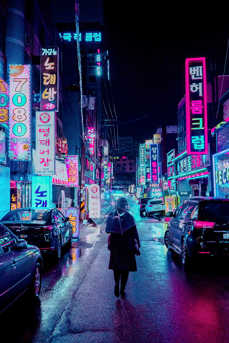 черное платье человека, ночной город, улица, зонт, человек, вывески, освещение, неон, HD обои, телефон обои