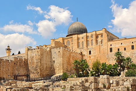il cielo, il sole, nuvole, pietre, palme, tempio, architettura, palazzo, Israele, Gerusalemme, Sfondo HD HD wallpaper