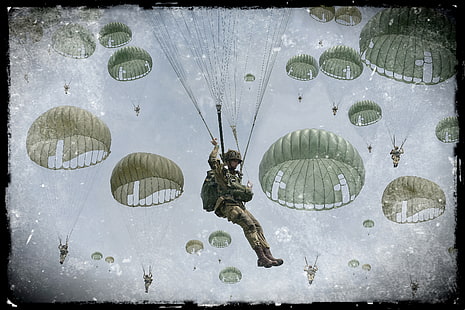 люди в парашютной живописи, небо, облака, ретро, ​​арт, солдаты, бой, группа, десант, морские пехотинцы, парашютисты, WW2, фото обои, десантники, walllpaper., HD обои HD wallpaper
