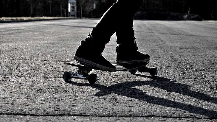 black, monochrome, skateboarding, skates, white, HD wallpaper