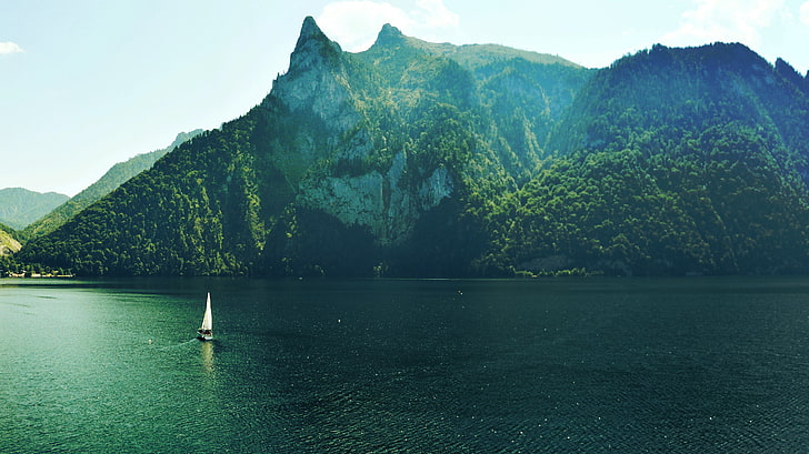 langit, air, alam, pohon, gunung, danau, musim panas, perahu, Wallpaper HD