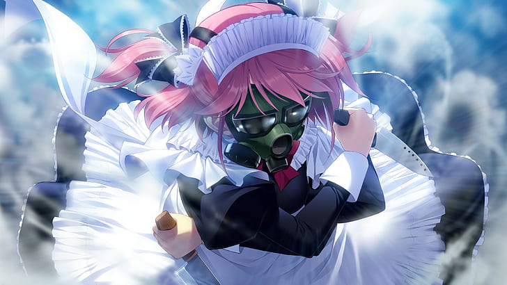 anime anime girls visual novel grisaia no kajitsu gas masks maid outfit pink hair knife komine sachi, HD wallpaper