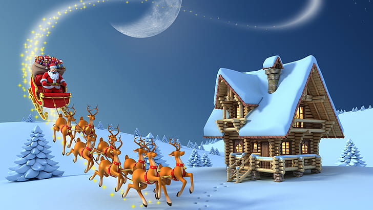 zimowy, chata z bali, noc, Święty Mikołaj, sanie Świętego Mikołaja, sanie, wagon, boże narodzenie, boże narodzenie, noc Bożego Narodzenia, ilustracja, drewniany dom, Tapety HD