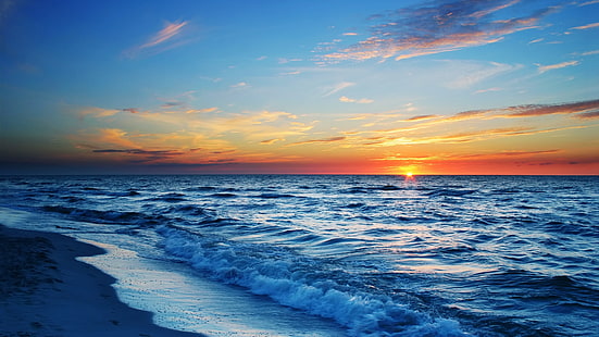 море, хоризонт, небе, океан, бряг, вълна, спокойствие, вятърна вълна, залез, морски бряг, слънце, вечер, крайбрежие, следсветление, HD тапет HD wallpaper