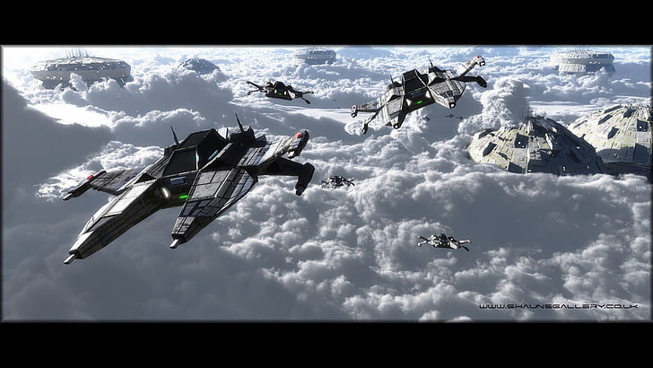 bangunan awan menyerang armada Space Planet HD Art, Awan, bangunan, pesawat tempur, scifi, Wallpaper HD