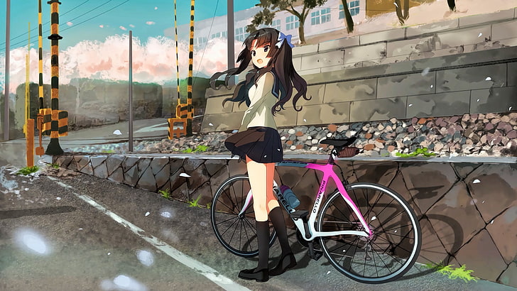 city, girl, bike, anime, street, japanese, bishojo, bike girl, by sanoboss, Tapety HD