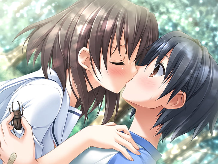 мъж и жена аниме характер целуване тапет, kantoku, natsu no ame, itou hinako, момче, момиче, целувка, бръмбар, HD тапет