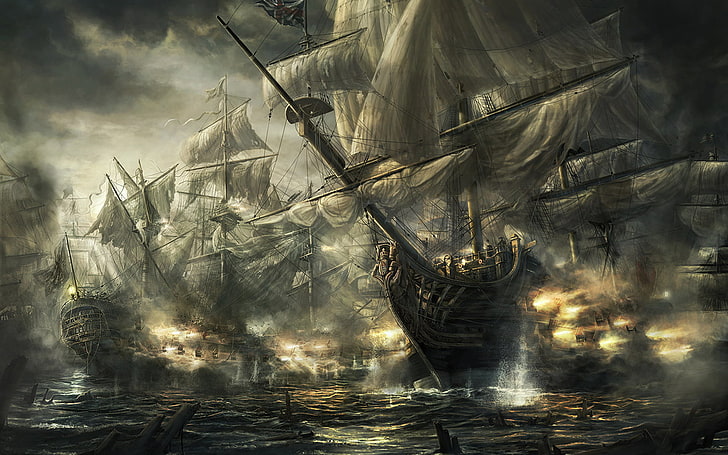 sailing ship on body of water poster, Empire: Total War, war, old ship, ship, frigates, video games, ocean battle, artwork, battle, sea, HD wallpaper