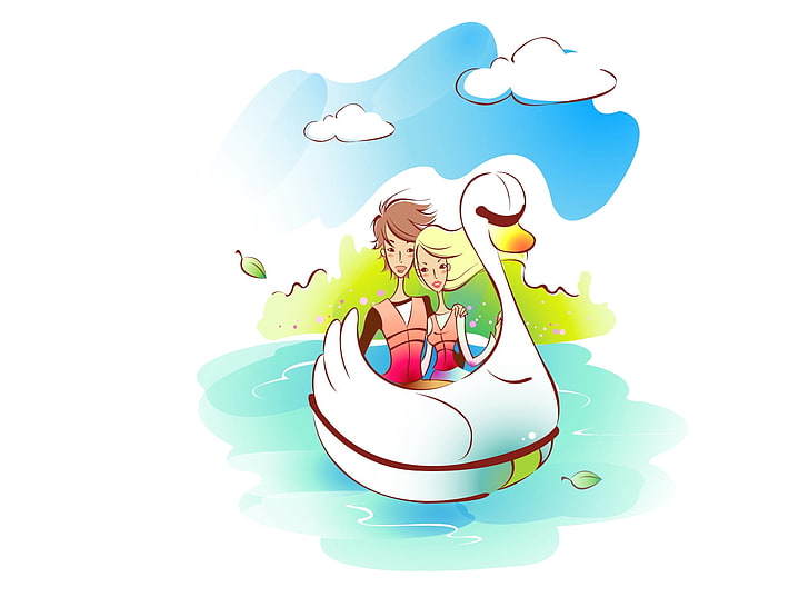 man and woman riding duck boat illustration, couple, art, drawing, love, boat, water, river, HD wallpaper
