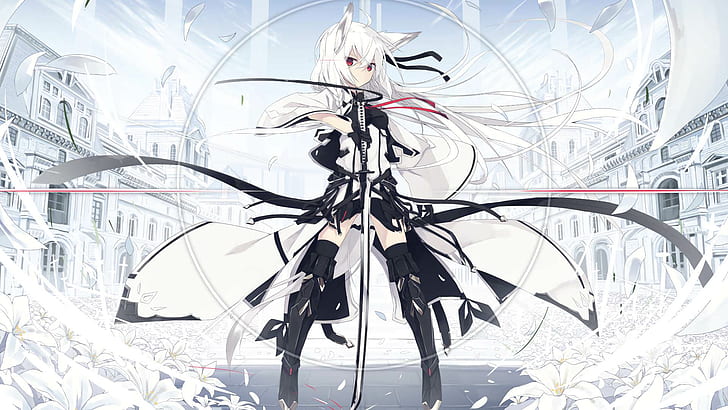 Schwert, weiße Blumen, langes Haar, schwarze Bänder, Band, rotes Band, HD-Hintergrundbild