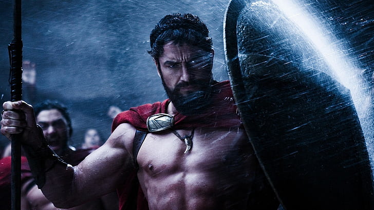 300 Spartan Warrior Gerard Butler Shield Rain Beard HD, филми, войн, дъжд, щит, 300, спартанец, брада, иконом, gerard, HD тапет