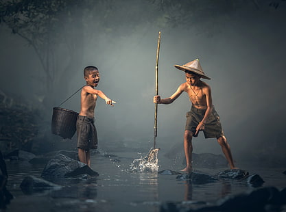 Boy Catching Fish with a Spear, boy's black shorts, Asia, Thailand, Fish, Travel, Nature, People, Basket, River, Hand, Mist, Water, Young, Children, Stream, Photography, Fishing, Outdoor, Creek, Vacation, kids, Boys, Steam, visit, tourism, HD wallpaper HD wallpaper