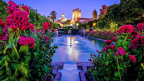 дворец, кордоба, андалусия, испания, европа, цветы, фонтан, вечер, HD обои HD wallpaper