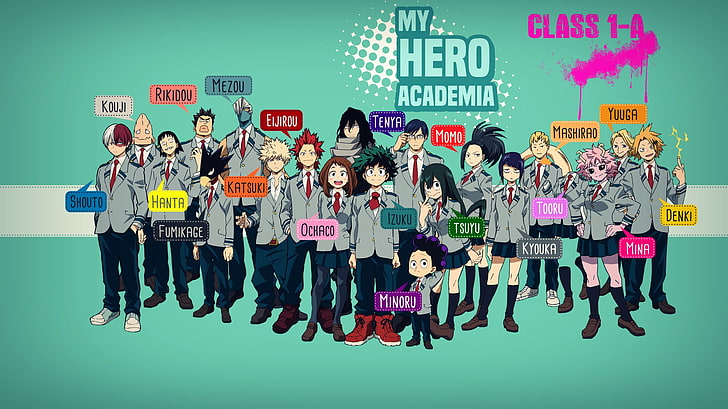 Illustrazione del personaggio di My Hero Academia, Boku no Hero Academia, Midoriya Izuku, Bakugō Katsuki, Uraraka Ochako, Todoroki Shōto, Iida Ten'ya, Tsuyu Asui, Tokoyami Fumikage, Kaminari Denki, Mineta Minoru, Jirō Kyōka, Aoyama Yūga, Ashido Mina, YaoyoroMomo, classe 1-A, Sfondo HD