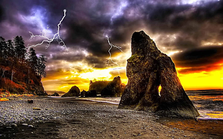 beach lightning Thunder Roar Nature Stränder HD Art, berg, strand, stenar, himmel, blixt, åska, HD tapet