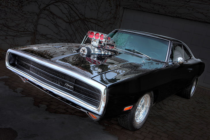 black Dodge Charger with shotgun air scoop, dodge, charger, 1970, the fast & the furious, HD wallpaper
