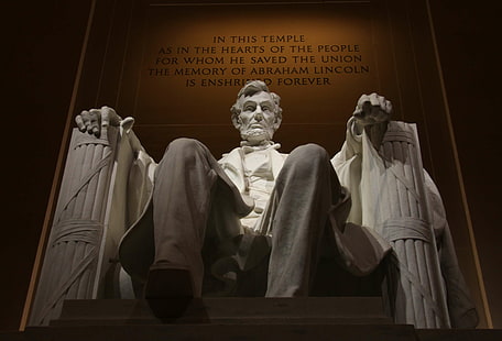 아브라함 링컨, 관리, 의자, 표정, 실내, 지도자, 링컨, 링컨 기념관, 낮은 각도 촬영, 기념물, 기념물, 대통령, 인용문, 조각, 동상, HD 배경 화면 HD wallpaper