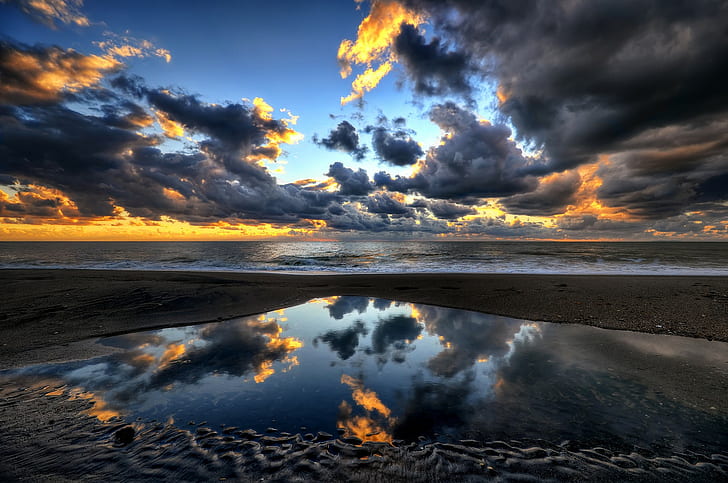 Porto Clementino, italy, brown sand seashore, porto clementino, Italy, sky, clouds, Sea, reflection, evening, Sunset, HD wallpaper