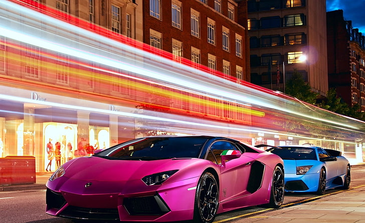 Lamborghini Cars City, розов Lamborghini Aventador, автомобили, супер автомобили, град, син, лилав, Lamborghini, лукс, луксозен живот, HD тапет