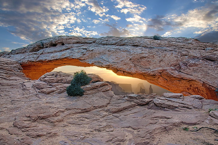 landscape photography of brown rocky formation under gray sky during golden hour, Mesa Arch, Sunrise, landscape photography, formation, golden hour, glow, Canyonlands National Park, Park  Island, Island in the Sky, Utah, Nikon D90, HDR, nature, desert, landscape, geology, scenics, rock - Object, HD wallpaper