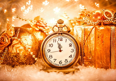 Święta Świąteczne prezenty zegarowe, złoty analogowy zegarek kieszonkowy, różne, święta, boże narodzenie, zegar, prezenty, Tapety HD HD wallpaper