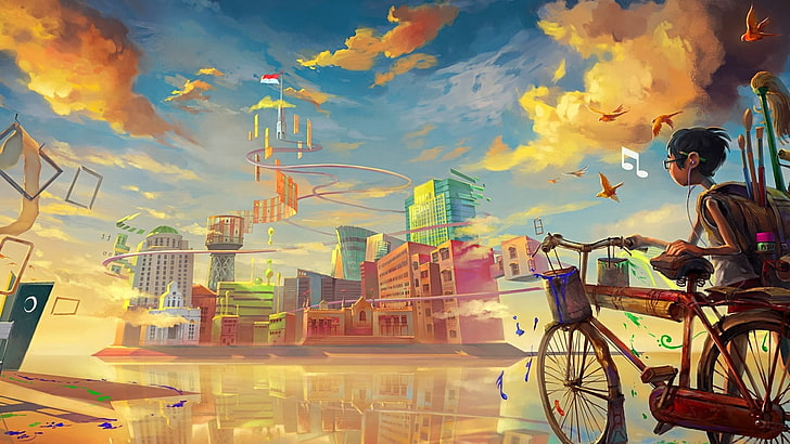 illustrazione marrone della bicicletta, fantasy art, bicicletta, anime, anime boys, paesaggio urbano, bandiera, cielo, uccelli, cuffie, materiale illustrativo, Sfondo HD