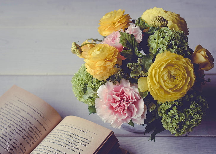 ramo, libro, clavel, hortensia, ranúnculo, Fondo de pantalla HD