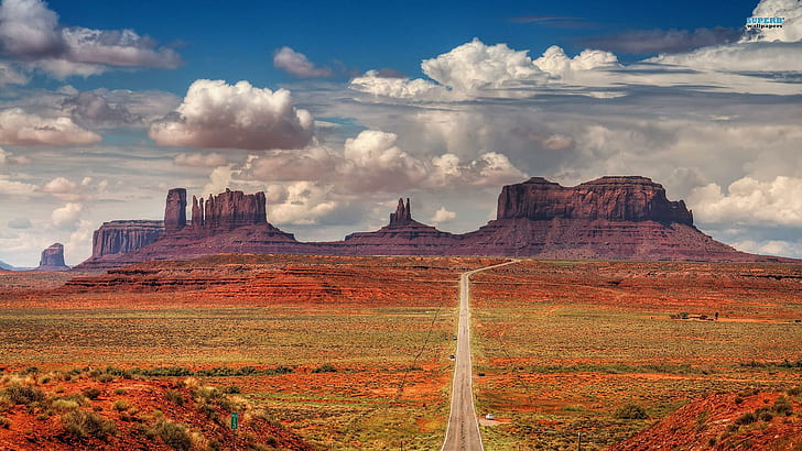 Long Straight Road In Monument Valley, desert, road, monuments, clouds, nature and landscapes, HD wallpaper