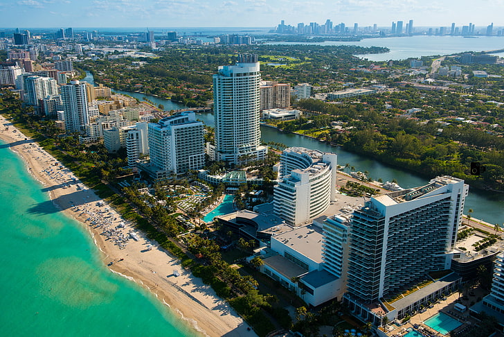 białe budynki, plaża, wysokość, Miami, FL, panorama, florida, vice city, Tapety HD
