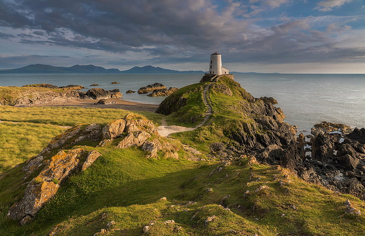white lighthouse, Golden, Llanddwyn Island, Anglesey, white, lighthouse, Ynys Llanddwyn, beach, Wales coast path, sea, coastline, rock - Object, nature, tower, landscape, HD wallpaper