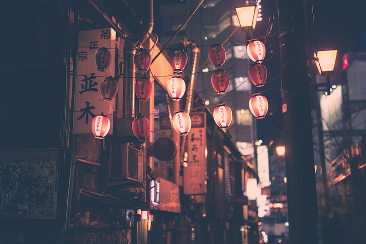 red and white paper lanterns, Asia, Japan, culture, Japanese culture, street light, graffiti, lamp, night, Masashi Wakui, HD wallpaper