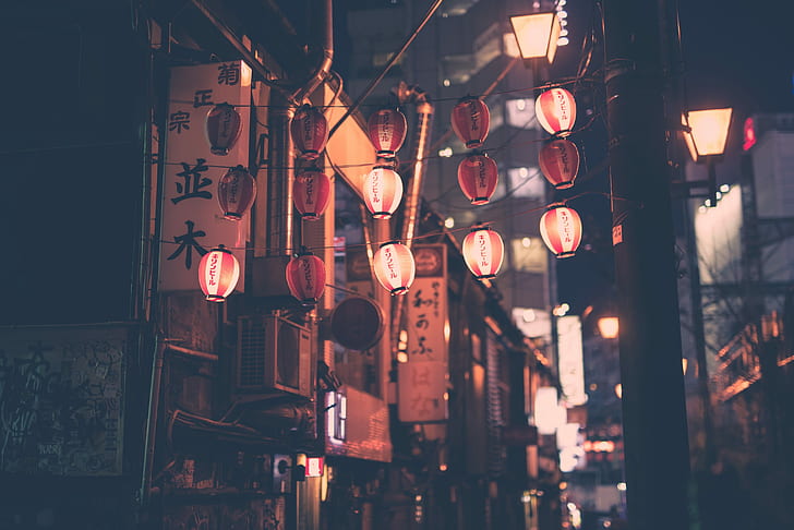 cultura, Japão, lâmpada, iluminação pública, cultura japonesa, Ásia, Masashi Wakui, noite, grafite, HD papel de parede