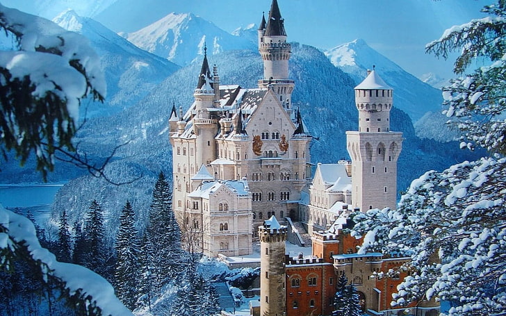 white castle, castle, snow, mountains, winter, pretty, HD wallpaper