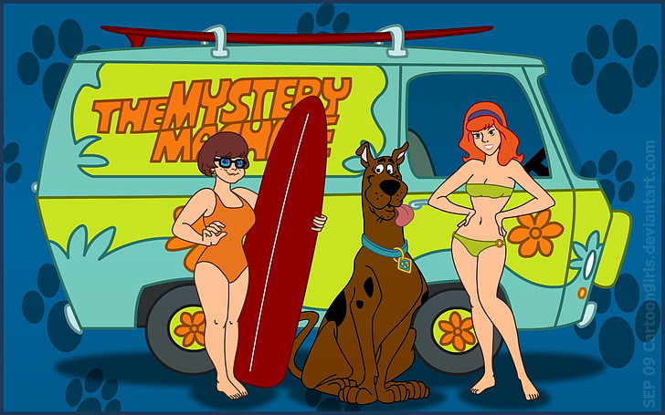 Scooby-Doo carta da parati digitale a fumetti, The Mystery Machine, Scooby-Doo, Velma Dinkley, daphne blake, Sfondo HD