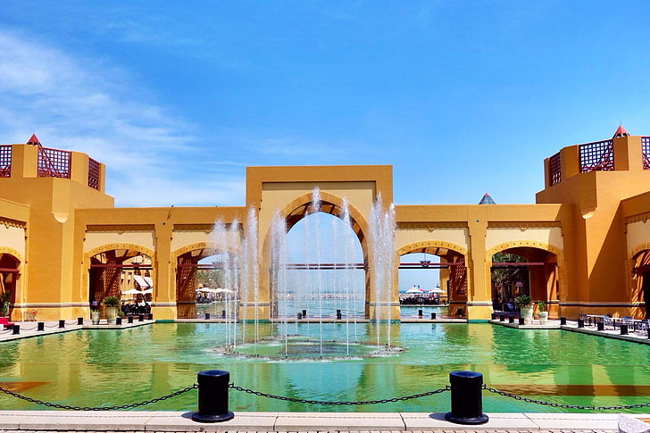 cielo blu, fontana, acqua verde, kuwait, lago, centro commerciale, cielo, acqua, Sfondo HD