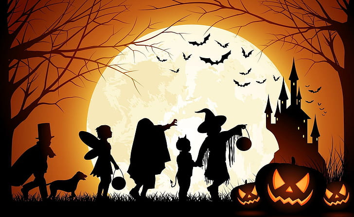 dia das bruxas, feriado, pessoas, lua, abóboras, árvores, pássaros, ilustração de halloween, dia das bruxas, feriado, pessoas, lua, abóboras, árvores, pássaros, ilustração, HD papel de parede
