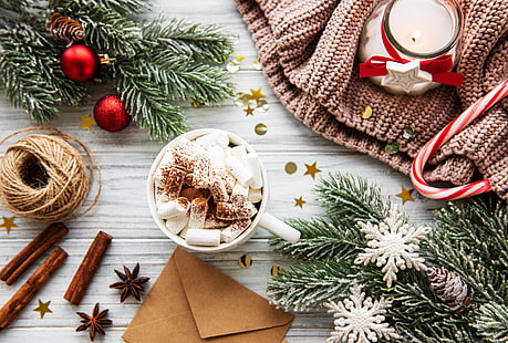 食品、ホットチョコレート、キャンディケイン、クリスマス、シナモン、カップ、マシュマロ、静物、 HDデスクトップの壁紙 HD wallpaper
