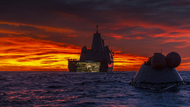 Orion Space Capsule, Océano Pacífico, mar, naturaleza, barco, puesta de sol, Fondo de pantalla HD