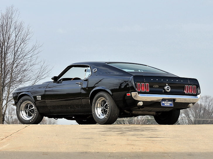 coupé vintage nera, nera, Mustang, 1969, posteriore, muscle car, Ford, boss, 429, Sfondo HD