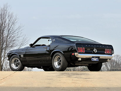 cupé negro vintage, negro, Mustang, 1969, espalda, muscle car, Ford, jefe, 429, Fondo de pantalla HD HD wallpaper