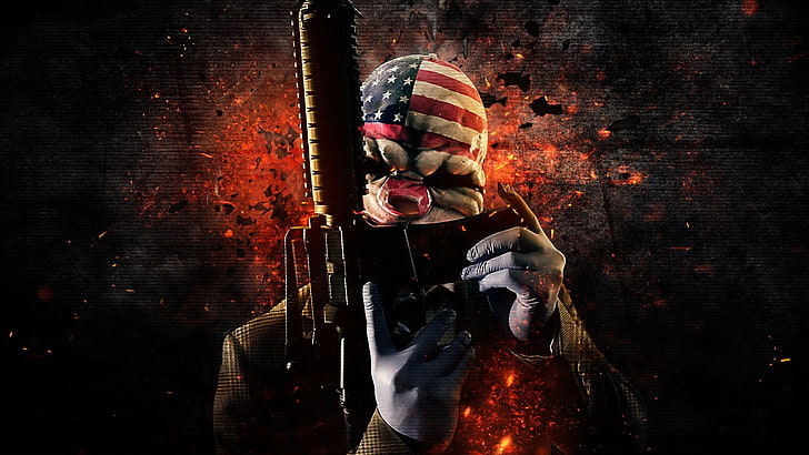 мужчина держит винтовку обои, видеоигры, пистолет, маска, Payday 2, HD обои