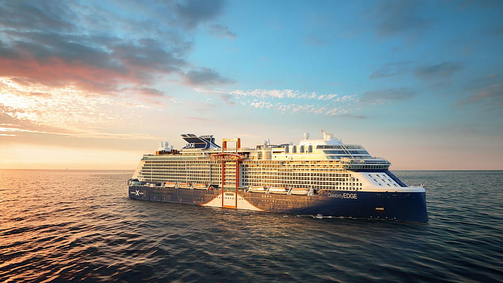 Celebrity Edge, cruise ship, ship, sea, sunset, HD wallpaper