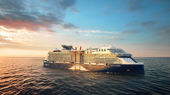 Celebrity Edge, statek wycieczkowy, statek, morze, zachód słońca, Tapety HD HD wallpaper