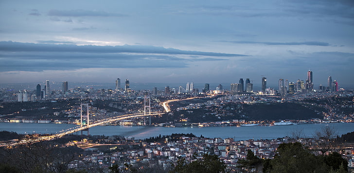 Bosphorus Bridge, Turkey, the sky, clouds, night, nature, city, the city, panorama, sky, Istanbul, Turkey, Sea of Marmara, The sea of Marmara, Bosphorus Bridge, HD wallpaper