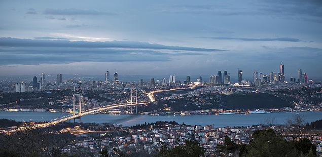 Bosphorus Bridge, Turkey, the sky, clouds, night, nature, city, the city, panorama, sky, Istanbul, Turkey, Sea of Marmara, The sea of Marmara, Bosphorus Bridge, HD wallpaper HD wallpaper