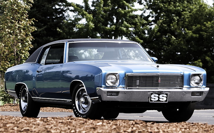 blå Chevrolet coupe, blå, Chevrolet, 1971, framsidan, 454, Muskelbil, lövverk. träd, Monte Carlo, HD tapet