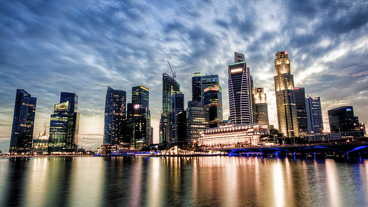 Сингапур, город, вид, закат, небоскребы, облака, река, вода, отражение, Сингапур, вид на город, закат, небоскребы, облака, река, отражение воды, HD обои