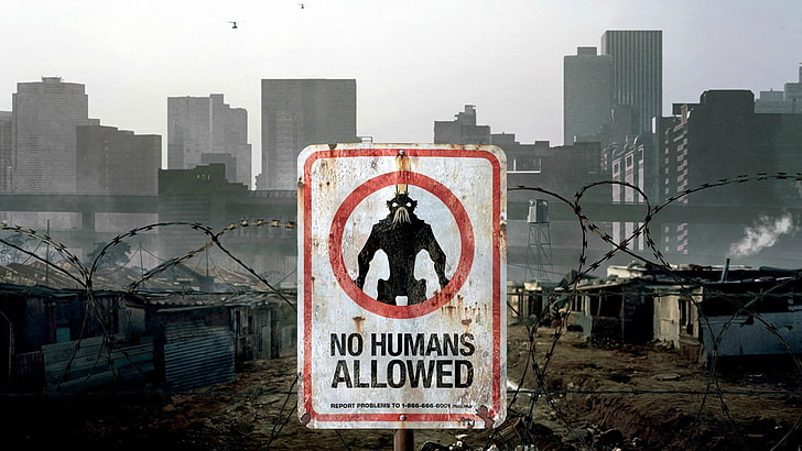 District 9 movie clips, movies, District 9, aliens, people, typography, warning signs, barbed wire, building, sign, HD wallpaper