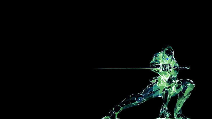 homme vert et noir tenant le papier peint de l'épée, jeux vidéo, Gray Fox, Metal Gear Solid, fond noir, fond simple, ninjas, cyborg, Fond d'écran HD